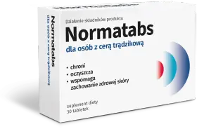Opakowanie suplementu diety Normatabs dla osób z cerą trądzikową. Wspomaga zachowanie zdrowej skóry.