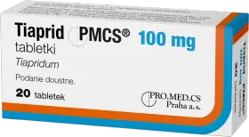Opakowanie leku Tiaprid 100 mg, zawierające 20 tabletek. Tiapridum to substancja czynna.
