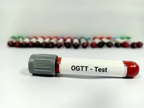 Probówka z oznaczeniem "OGTT - Test" na tle rzędu innych próbek. Wyniki tego testu pozwalają ocenić krzywą cukrową.