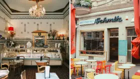 Gemütliche Cafés im Belgischen Viertel: Ein Blick in ein charmantes Interieur und die bunte Außenterrasse der Metzgerei Schmitz.