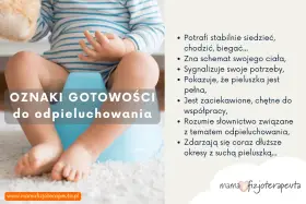 Dziecko siedzi na nocniku. Tekst informuje o oznakach gotowości do odpieluchowania, kiedy dziecko jest gotowe.