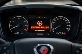 Awaria układu kierowniczego na desce rozdzielczej Scanii. Komunikat "STEERING FAILURE WORKSHOP" sugeruje problem z blokadą kierownicy.