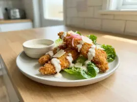 Krispiga bitar av panerad kyckling serveras med sallad, parmesan och en krämig dressing. En härlig rätt som passar perfekt till lunch eller middag.
