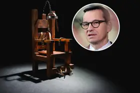 Krzesło elektryczne, symbol kary śmierci, obok portretu polityka.