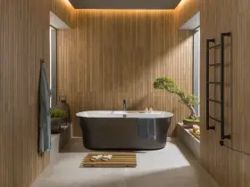 Une **salle de bain japandi** apaisante avec baignoire îlot, murs en bois, et un bonsaï.