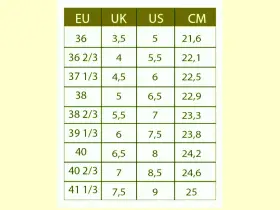 Tabela rozmiarów obuwia: EU, UK, US, CM. Pomaga wybrać odpowiedni rozmiar, np. 7 US to 38 2/3 EU i 23,3 cm.
