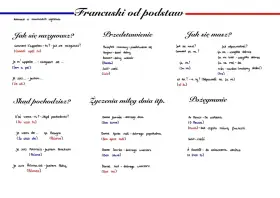 Zeszyt do samodzielnej nauki francuskiego: zwroty powitalne, pytania o imię, pochodzenie, samopoczucie i pożegnania.