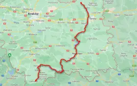 Mapa z zaznaczonymi trasami rowerowymi w okolicach Nowego Sącza i dalej na północ.