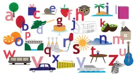 Kolorowe litery alfabetu i przedmioty: drzewo, prezent, ślimak, truskawka, sowa, palma, książka, smok, tort, gazeta, kiwi, dom, pomarańcze, balon, most, kręgle, róża, słońce, chmura, gitara, wagon, xylophone, samochód, jacht, zebra.