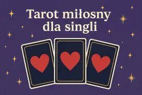 Tarot miłosny dla singli: trzy karty z sercami na granatowym tle, otoczone gwiazdkami.