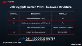 Tabela wyjaśniająca budowę numeru MRN: rok, kod kraju, rodzaj procedury i unikalny identyfikator. Przykład: 26PLE0000123456789.