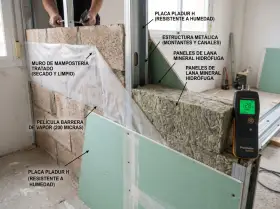 Detalle de cómo aislar una pared ya construida con lana mineral, barrera de vapor y placas de yeso laminado.
