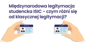 Dwie dłonie trzymają karty: ISIC CARD i ID CARD. Tytuł pyta o różnice między nimi.