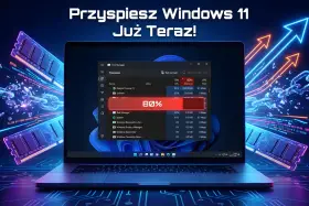 Optymalizacja Windows 11: menedżer zadań pokazuje 80% użycia pamięci, a obok moduły RAM i strzałki wzrostu.