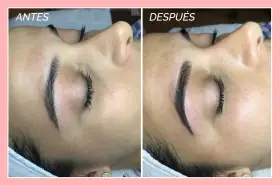Comparativa de microblading cejas: antes y después. Las cejas lucen más definidas y pobladas tras el tratamiento.