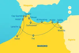 Mapa pokazuje trasę promową z Hiszpanii do Maroka, łączącą Tanger, Tetuan, Al Hoceima, Nador, Saidia i Wadżda.
