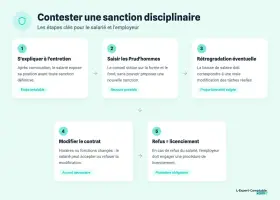 Infographie expliquant les étapes pour contester une sanction disciplinaire : entretien, Prud'hommes, rétrogradation, modification de contrat, licenciement.