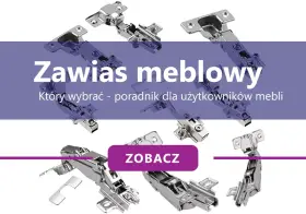 Różne rodzaje zawiasów meblowych, od prostych po te z amortyzacją, pokazane na tle poradnika.