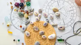 Kamienie z numerami, kostki do gry i talizmany na tle wykresów astrologicznych. Wibracja dnia 5 jest widoczna na jednym z kamieni.
