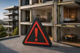 Panneau d'avertissement devant un bâtiment en coupe montrant l'isolation acoustique murale.