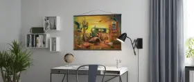 Tableau Route 66 : une scène désertique avec une vieille voiture rouillée, une pompe à essence vintage et un crâne de bœuf. L'aigle veille sur ce paysage emblématique.