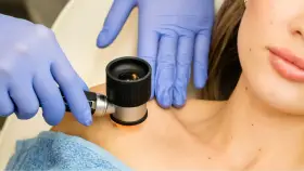Dermatolog w niebieskich rękawiczkach wykonuje wideodermatoskopię znamion na szyi pacjentki.