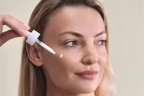 Kwas palmitynowy w kroplach serum pielęgnuje skórę kobiety, nadając jej blask.