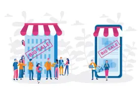 Un negozio fisico e uno virtuale, entrambi con "BIG SALE". Il **click and mortar** unisce il meglio dei due mondi.