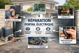 Réparation portail électrique : diagnostic, intervention sur place, garantie. Causes possibles : moteur, carte, cellules, câblage, télécommande.