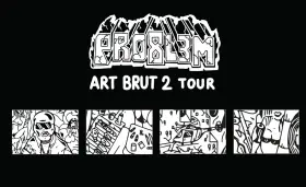 Problem Art Brut 2 Tour. Cztery czarno-białe grafiki w stylu art brut: mężczyzna w okularach i cygarem, grill, helikopter i twarz.