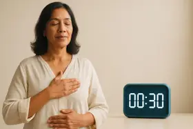 Donna con occhi chiusi e mani sul petto e addome, pratica la respirazione per ansia. Timer digitale segna 00:30.