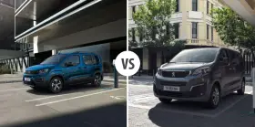 Dwa vany Peugeot: niebieski Rifter i szary Traveller, porównanie modeli.