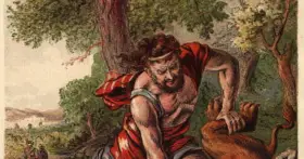 Samson, biblijny siłacz, walczy z lwem w lesie. W tle widać ludzi i krajobraz.