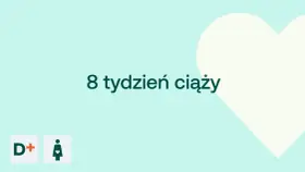 8 tydzień ciąży. Delikatne tło z sercem i ikonami D+ oraz kobiety w ciąży.
