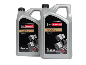 Dwa litrowe kanistry oleju silnikowego Motorcraft 5W-30 A5. 5W-30 co oznacza? To lepkość oleju, kluczowa dla ochrony silnika.