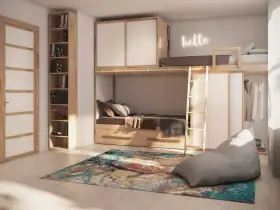 Letto a soppalco fai da te con armadio integrato, libreria e un accogliente sacco a pelo.