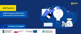 Budżet programu Mój Prąd 6.0 wykorzystany w 95%. Grafika przedstawia inwestycję w energię odnawialną, symbolizowaną przez żarówkę i worek z pieniędzmi.