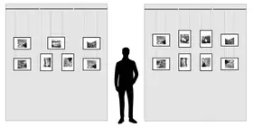 Ilustración de cómo colgar un cuadro, mostrando diferentes alturas y distribuciones para una exposición.
