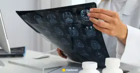 Lekarz analizuje obraz rezonansu magnetycznego mózgu, szukając oznak glejaka.