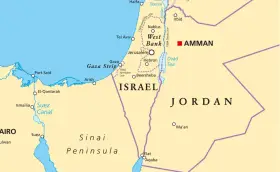 Mapa Izraela, Jordanii i części Egiptu. Czy wyjazd do Ziemi Świętej jest bezpieczny? Mapa pokazuje Strefę Gazy, Zachodni Brzeg, Kanał Sueski.