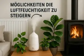Luftbefeuchter gibt Dampf ab, um die **Luftfeuchtigkeit zu niedrig** zu bekämpfen. Daneben stehen Pflanzen und ein Kamin.