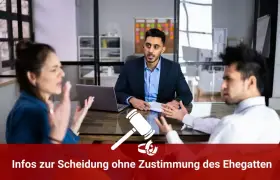 Streitendes Paar vor Anwalt. Kann man sich scheiden lassen wenn der Partner nicht will? Hier Infos zur Scheidung ohne Zustimmung des Ehegatten.
