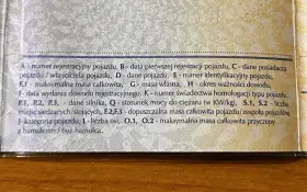 Fragment dowodu rejestracyjnego z danymi pojazdu, w tym pole F.1 - maksymalna masa całkowita.