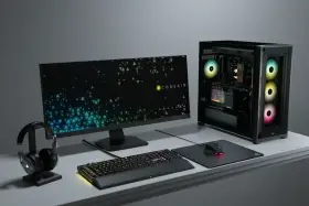 Komputer z podświetleniem ARGB vs RGB. Zestaw Corsair: obudowa, monitor, klawiatura, mysz i słuchawki.