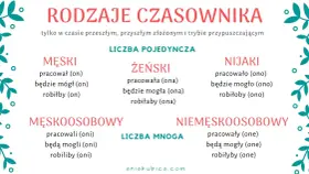 Rodzaje czasownika: męski, żeński, nijaki (l.poj.) i męskoosobowy, niemęskoosobowy (l.mn.). Czasownik to część mowy.
