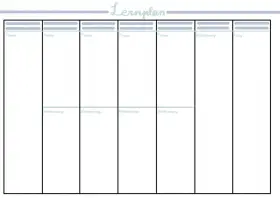 Leeres Raster zum Erstellen eines Lernplans mit Feldern für Themen, Wiederholungen und Prüfungen.