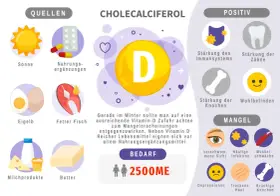 Infografik zu Vitamin D3: Quellen, positive Effekte, Bedarf und Mangelsymptome.