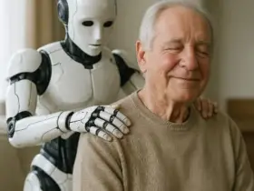 Un anziano sorride con gli occhi chiusi mentre un social robot gli massaggia le spalle, offrendo compagnia e assistenza.