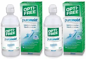 Dwie butelki i dwa pudełka płynu do soczewek Opti-Free Puremoist. Szukasz, czym zastąpić płyn do soczewek? Ten produkt zapewnia całodzienny komfort.