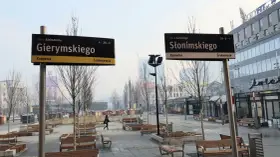 Znaki uliczne w Katowicach: Gierymskiego i Słonimskiego. Miejsce z ławkami i drzewami, idealne na sk rejestracja.